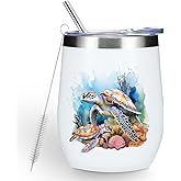 Sea Turtle Gifts for Women Men Sea Turtle Decor Stuff Wine Tumbler Insulated Wine Glasses 12 oz Tumbler with Lid for Women Men Turtles Lovers Female Girl Mom Coworker Birthday Christmas Friendship