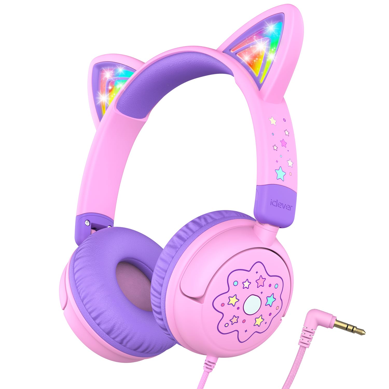 Photo 1 of iClever Kids Headphones Cat Ear, LED Light Up, 85dBA Safe Volume, Stereo Sound Toddler Headphones for Travel School, Foldable 3.5mm Wired Kids Headphone for iPad Tablets, Meow Lollipop -Pink