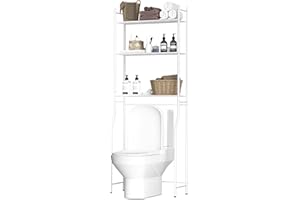 GloTika 3-Tier Over The Toilet Storage, Freestanding Above Over Toilet Bathroom Organizer Space Saver, Metal Toilet Storage Shelf with 4 Hooks for Bathroom, White