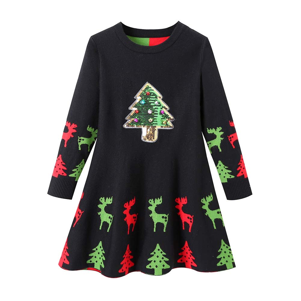 SMILING PINKER Girls Christmas Dress Jingle Bells Sequins Xmas Tree Knit Ugly Sweater