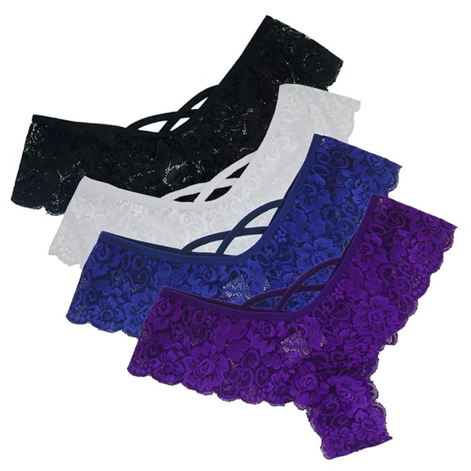 Lialbert 4er-Pack Damen Tangas Frauen Unterwäsche Soft Spitze G-Strings Slips Dessous Reizwäsche(Schwarz, Blau, Lila, Weiß)