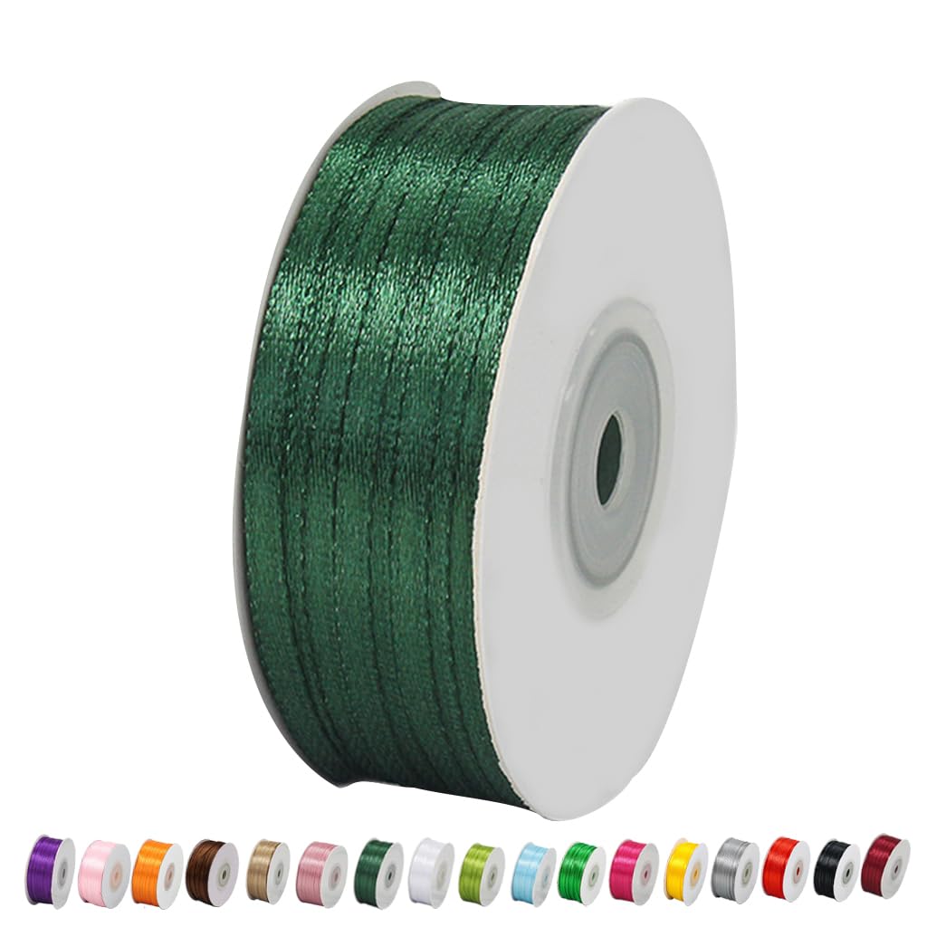 Thin Dark Green Satin Ribbon 3mm - 91m for Gift Wrapping, Balloons, Cakes, Crafting, Weddings, Hair Bows, Bouquets, Party and Cake Decorations