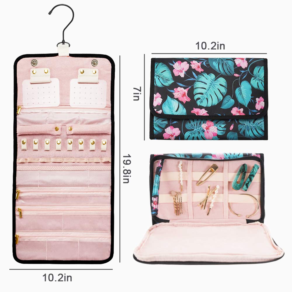 B. SHINE Jewelry Rolls - Hanging Jewelry Organizers, Foldable Jewelry Bag Case for Travel, for Rings, Necklaces, Bracelets, Earrings Storage (Tropical Plant)