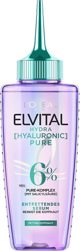 L'Oréal Paris Elvital Hydra Hyaluronic Pure feuchtigkeitsspendendes Serum für glänzendes, lebendiges Haar, mit Salicyl- und Hyaluronsäure für einen Feuchtigkeitsboost, Feuchtigkeit und Pflege, 102ml