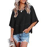 Bufushaoh Women's Fashion Casual T Shirt Round Collar 3/4 Sleeve Plain Color Tees Summer Tops Blouses