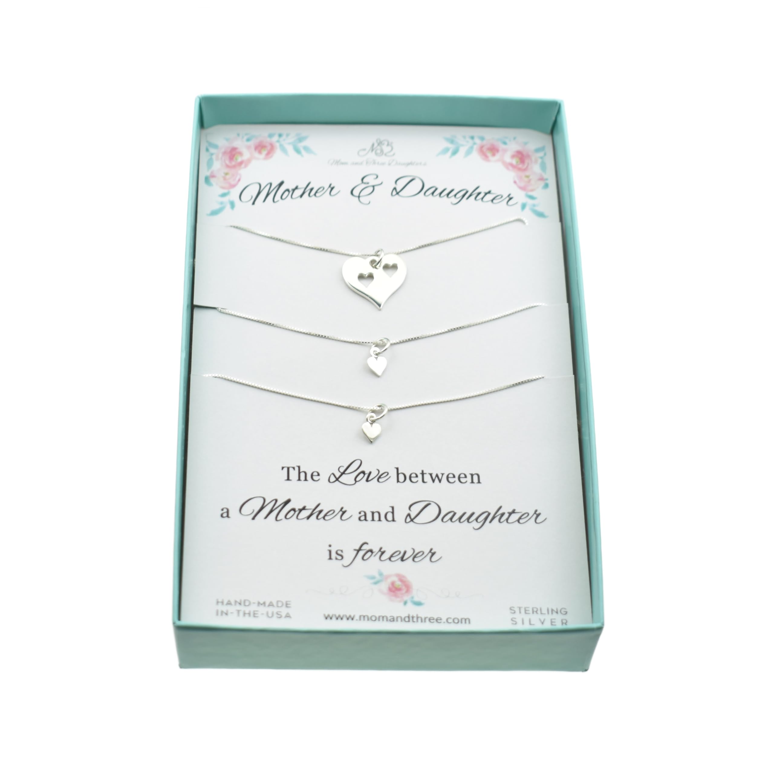 Photo 1 of Mother and Two Daughter Heart Necklace Set | 925 Sterling Silver | 16" and 18" Chains | Mother Daughter Jewelry