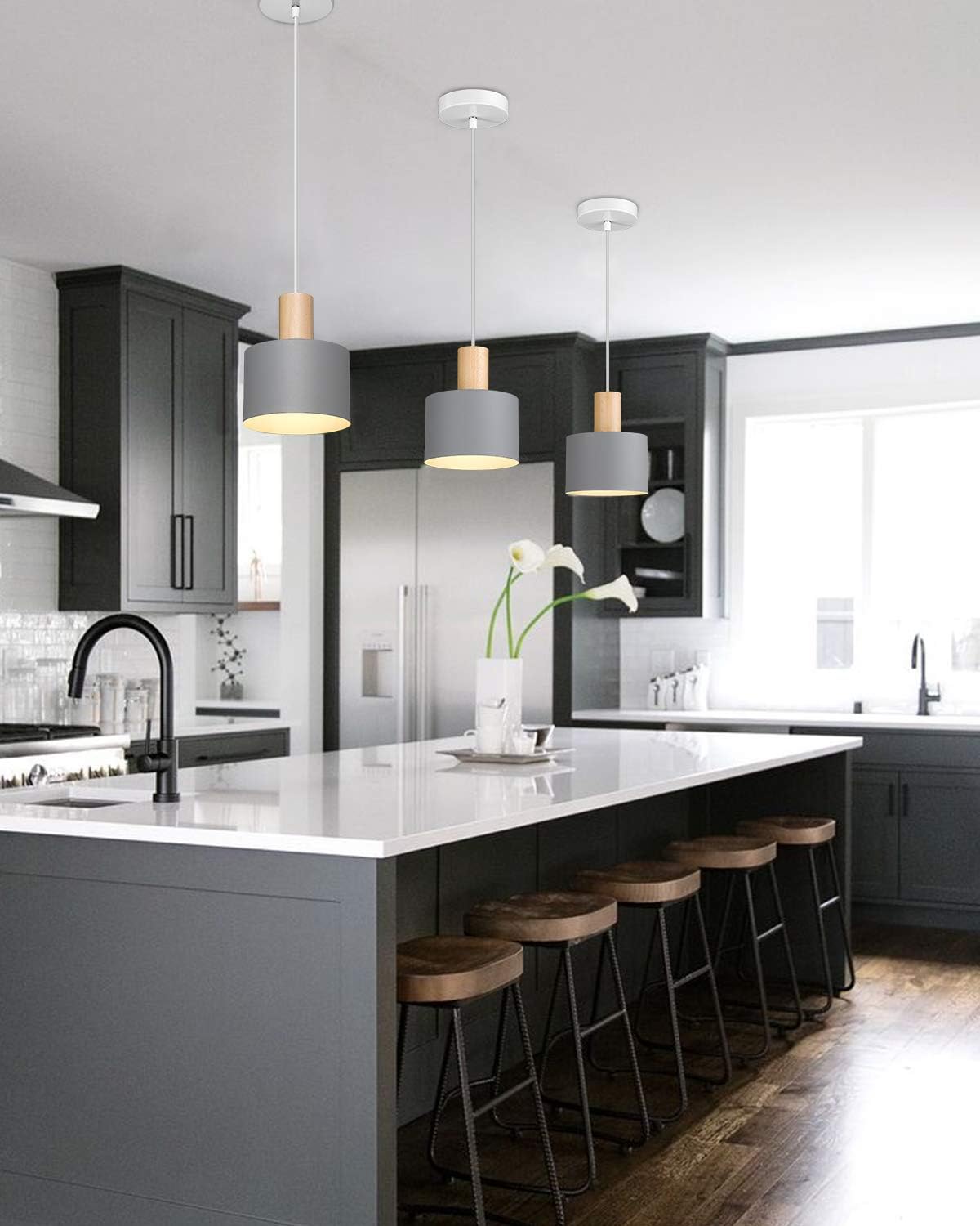 Modern Pendant Light Fixture, Imego Metal Ceiling Hanging Lamp, Pendant Lighting for Kitchen Dining Room Living Room Bedroom - Grey - - 