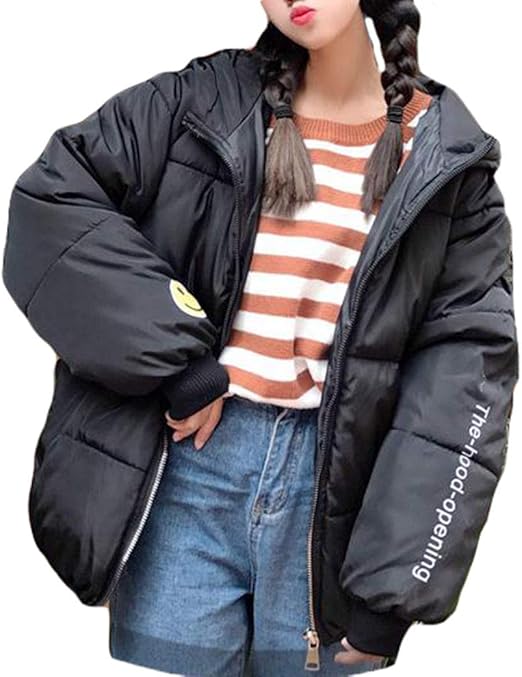 Amazon Bestmood中綿 ジャケット レディース ゆったり ダウンジャケット フード付き 無地 韓国ファッション ストリート系 綿入れ 冬服 かわいい おしゃれ W黒 コート ジャケット 通販