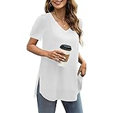 JomeDesign Summer Tops for Women Short Sleeve V Neck Shirts Side Split Loose Casual Tunic Tops