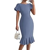 BTFBM Women Formal Wedding Guest Cocktail Dresses 2026 Short Sleeve Ruffle Mermaid Work Bodycon Elegant Midi Summer Dress