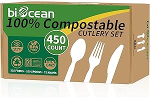 Biocean 450 Counts Compostable Forks Spoons Knives Set Disposable Forks Utensils Heavy Duty Knives Silverware Eco Friendly Flatware for Party Camping Picnics White forks spoons and knives set