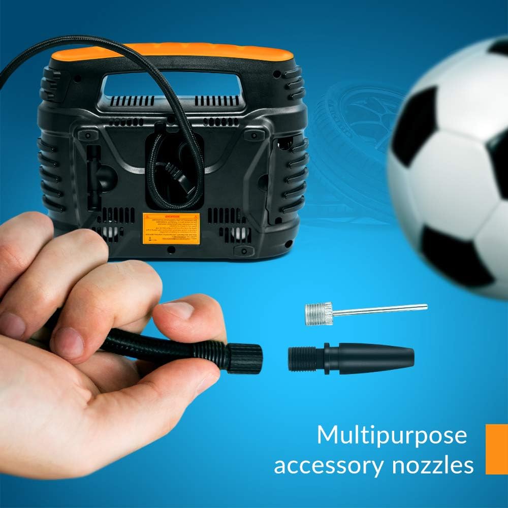 Kensun AC/DC Power Supply Portable Air Compressor Pump with Analog Display to 100 PSI for Home (110V) and Car (12V), Tire Inflator with Adaptors for Cars, Trucks, Bicycles, Balls: Home Improvement