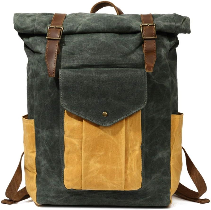 Partrisee Vintage Waxed Canvas Leather Backpack | Wax Canvas Rucksack | Canvas Roll Bag | Vintage Leather Rucksack | Roll Top Bag | Laptop Bag | Travel Bag | for Men and Women