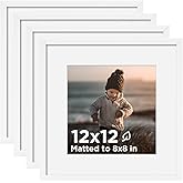 KINLINK 12x12 Picture Frame White Set of 4, Wooden Square Photo Frames Matted 8x8 with Plexiglass for 8x8 with Mat or 12x12 without Mat for Table and Wall Display