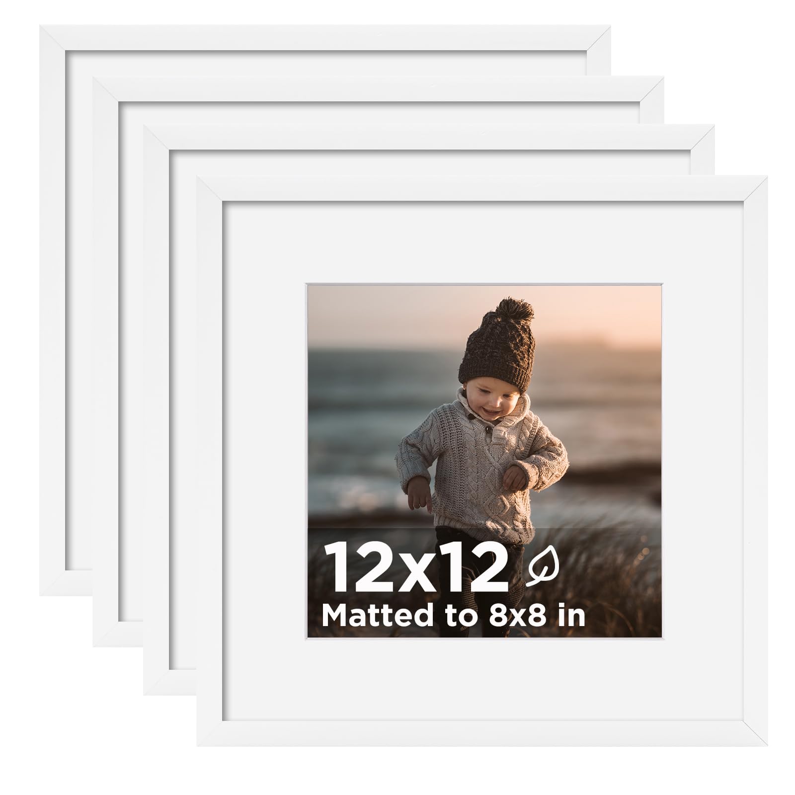 Photo 1 of KINLINK 12x12 Picture Frame White Set of 4, Wooden Square Photo Frames Matted 8x8 with Plexiglass for 8x8 with Mat or 12x12 without Mat for Table and Wall Display