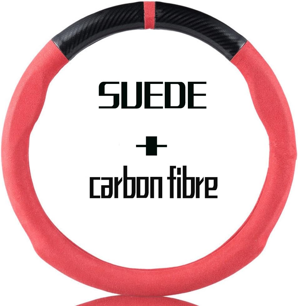 YANDA Car Carbon Fiber Suede Steering Wheel Cover Auto Anti-Slip Leather Automotive Interior Accessories Decorate 15 Inch Universal Red & Black Color: Automotive