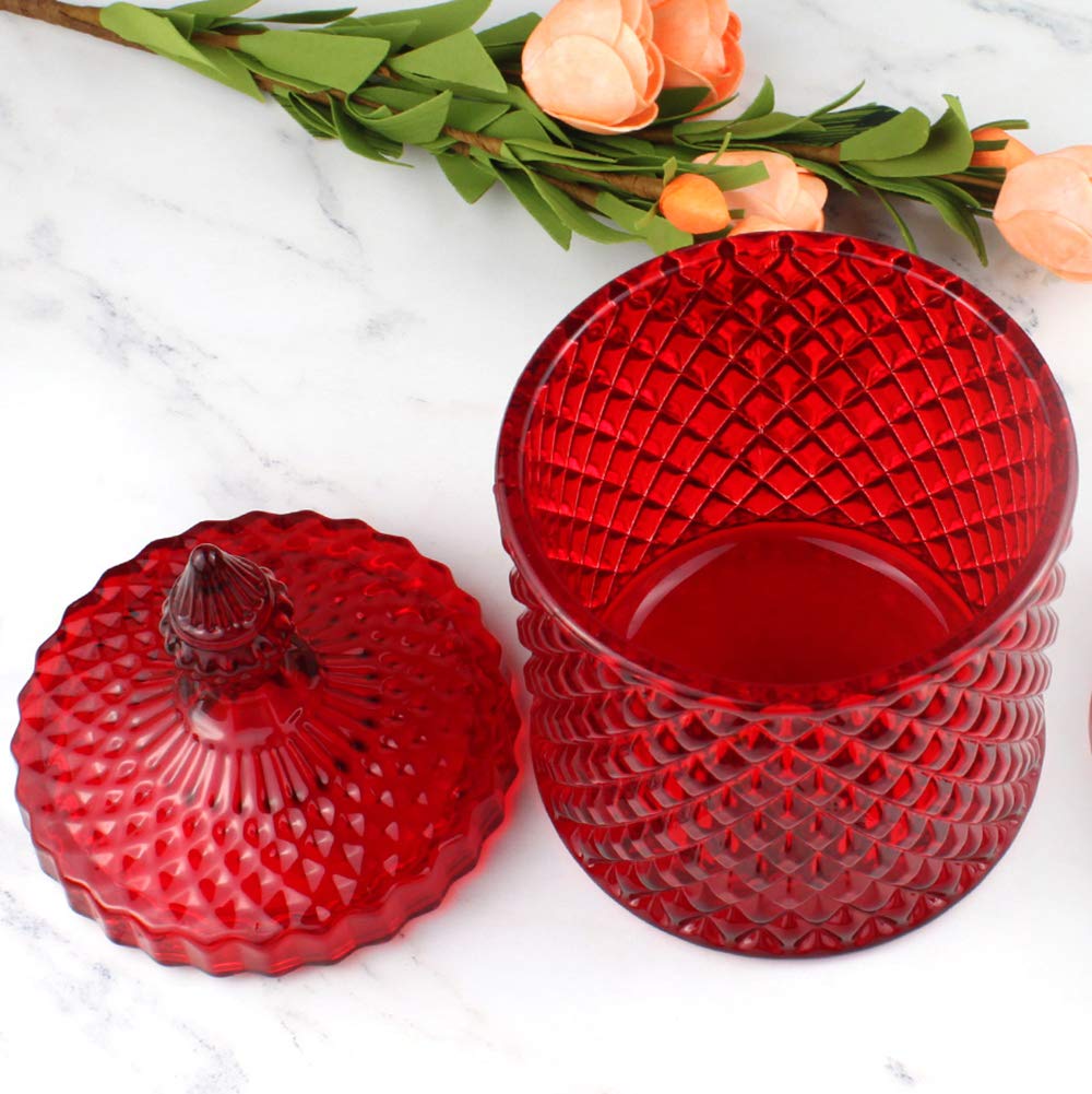 Candy Jar, Clear Glass Apothecary Container, Biscuit Barrel, Cookies Tin, Dry Food Storage Canister Crystal Weave Wedding Decorative Buffet Jars with Lid (Red, Middle)