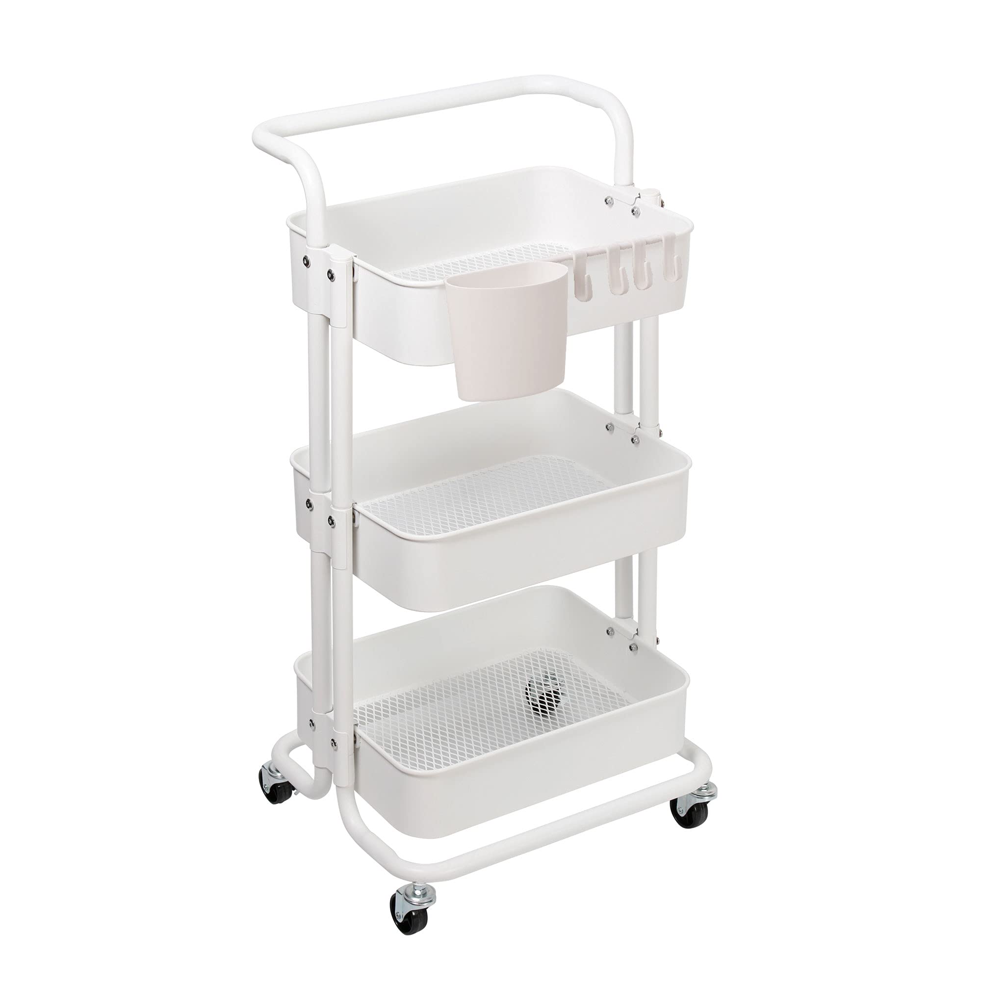 OVAKIA Metal Storage Trolley 3-Tier Rolling Cart Multi Purpose Trolley Organizer Cart with Casters and Handles Utility Cart Organizer Trolley on Wheels for Kitchen Bathroom Bedroom Office (White)