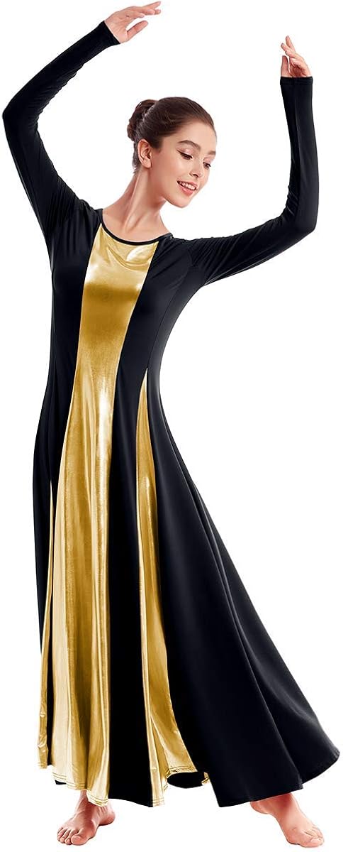 IBAKOM Womens Liturgical Praise Lyrical Dance Dress Loose Fit Full Length Metallic Color Block Long Sleeve Worship Costume: Clothing