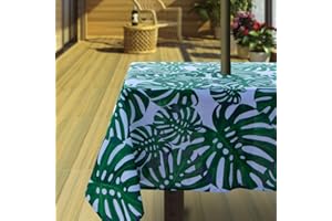 Hipinger Heavyweight Wrinkle-Free Stain Resistant Waterproof Outdoor Tablecloth with Umbrella Hole and Zipper (60" Square-Zippered, Green Leaves)