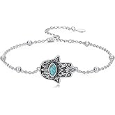 BETHZA Real Turquoise Hamsa Bracelet 925 Sterling Silver Hand of Fatima Evil Eye Adjustable Link Bracelets Jewelry for Women
