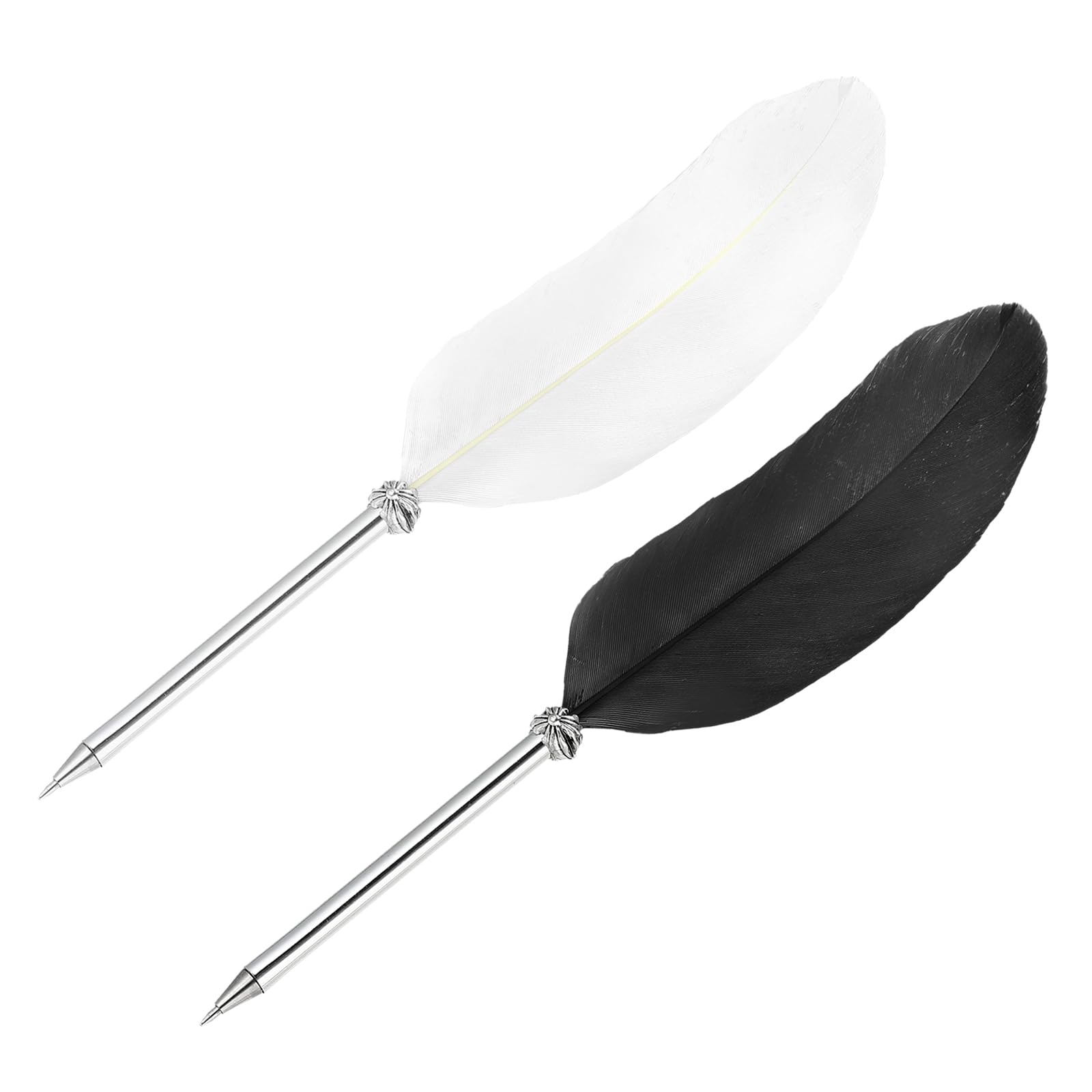 PATIKIL 21cm/8" Feather Ballpoint Pen, 2Pcs Ink Vintage Quill Pen Refined Plated Dip Pen for Calligraphy Writing Signature Wedding Gift, Black/White