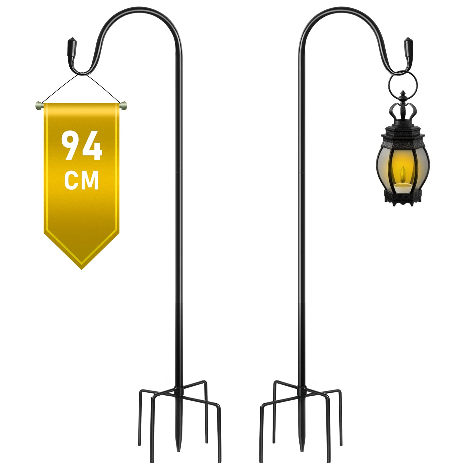 SEGNAYEN Shepherds Hooks for Garden Lights, 94cm Crook Hooks, Adjustable Outdoor Lantern Hook Pole Stand with Metal Stakes Hanging Small Plant Basket, Solar Black, 2 Pack