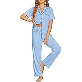 Ekouaer Womens Pajama Sets Button Down Pjs 2 Piece Short Sleeve Sleepwear with Pants Soft Loungewear