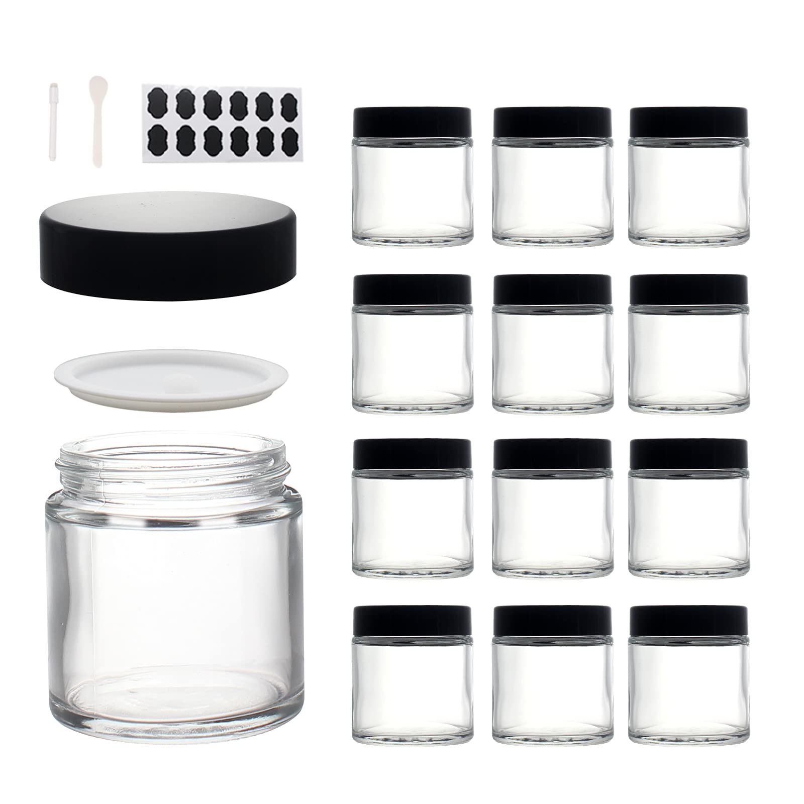 BPFY 12 Pack 4 oz Clear Glass Travel Cosmetic Jars, Refillable Cosmetic Containers with Inner Liners, Lids, Spatula, Chalk Labels, Beauty Jars for Sugar Scrubs, Cream, Bath Salts, Slime