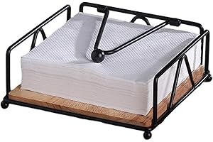 1 Pcs Napkin Holders for Tables， Flat Napkin Holder, Metal Black with Wooden Base， Weighted Arm Napkin Holder for Kitchen Din