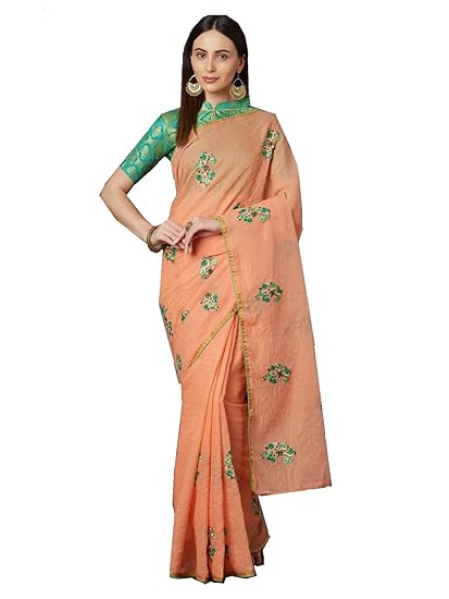 Womens Cotton Blend and Linen Chanderi Saree with Blouse - Peach and Green