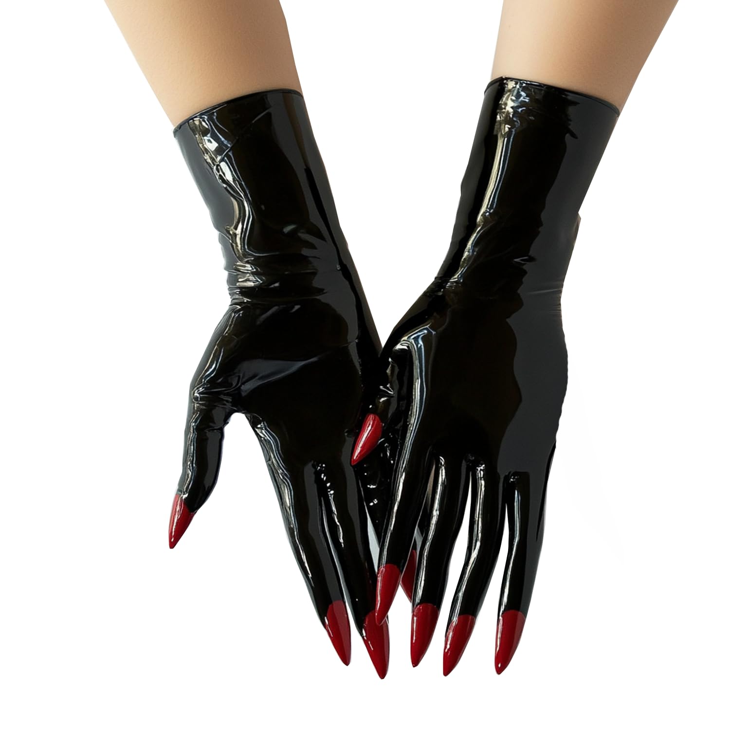 GREEFEI Black Latex Short Gloves with Long Nails,Natural Rubber Gloves Handmade,Latex Accessories for Cosplay Halloween L