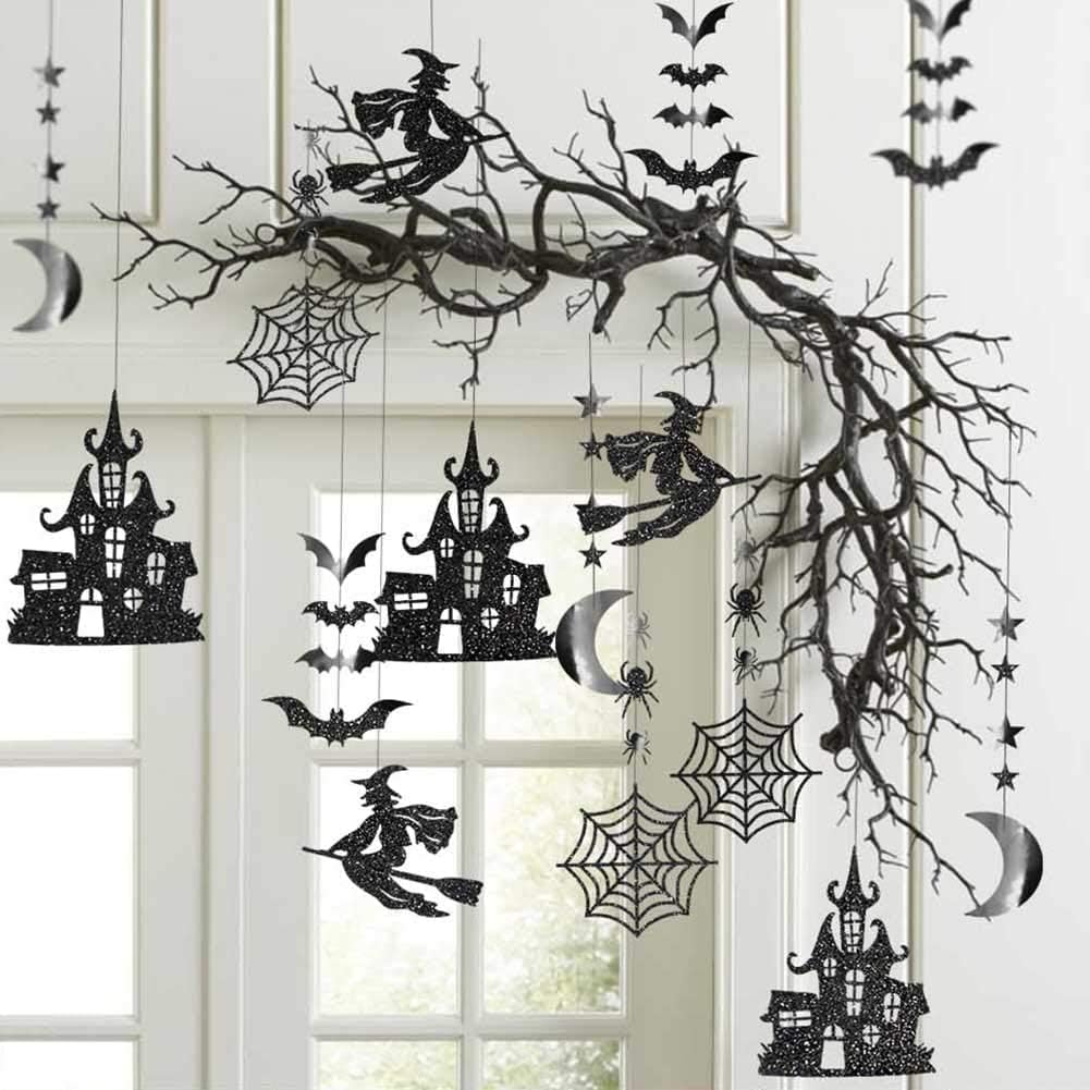 Glitter Black Halloween Party Decor Garland Kit for Party Decorations Hanging Witch Bat Spider Haunted House Star Moon Streamers Backdrop Background for Costume Birthday Party Supplies