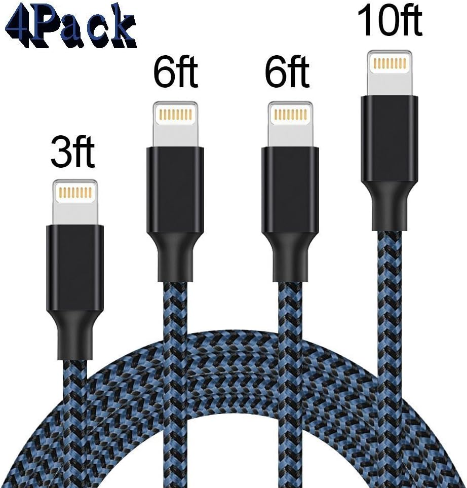 FULMUL Lightning Cable, Charger Cables 4Pack 3FT 6FT 6FT 10FT to USB Syncing and Charging Cable Data Nylon Braided Cord Charger for Phone 7/7 Plus/6/6 Plus/6s/6s Plus/5/5s/5c/SE&iPad series(BLUE)