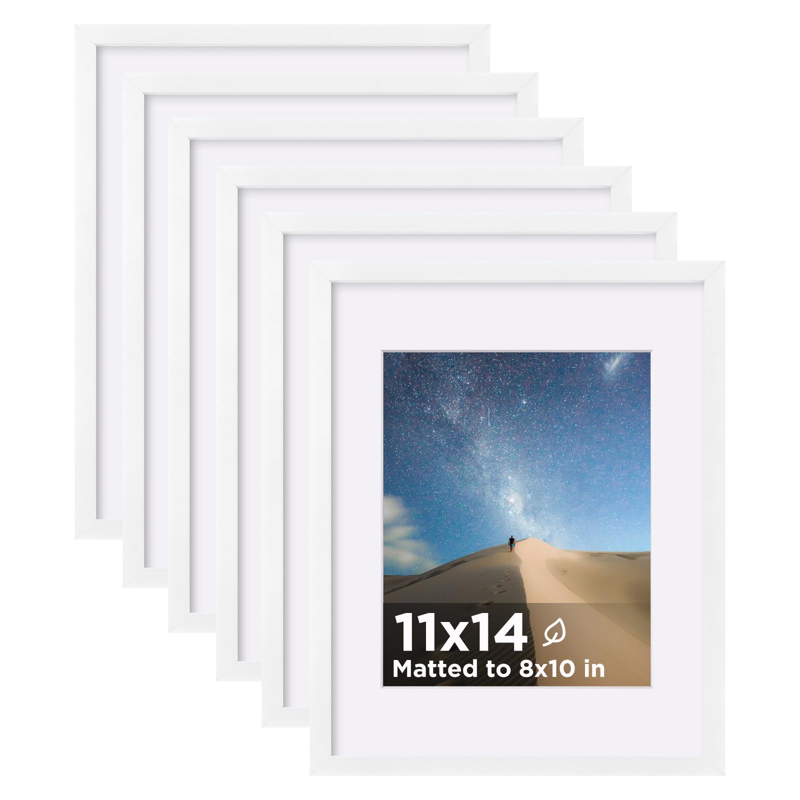 Photo 1 of KINLINK 11x14 Picture Frame White Set of 6, Wooden Photo Frames Matted 8x10 with Plexiglass for 8x10 with Mat or 11x14 without Mat for Table and Wall Display