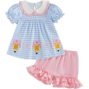 DSOKUHIB Back To School Toddler Girl Outfit Apple/Pencil T-Shirt Shorts Set | Kindergarten Pre-K Outfits, First Day of School