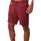 Men's Linen Casual Classic Short Elastic Waist Summer Beach Lightweight Board Slim-Fit with Pockets