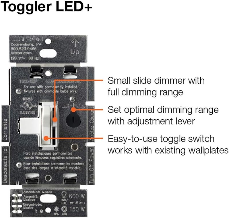 Lutron Ariadni/Toggler LED+ Dimmer | 150-Watt, Single-Pole/3-Way | AYCL-153P-WH | White - Wall Dimmer Switches - 
