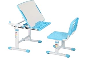 Diroan Kids Multifunctional Desk and Chair Set, Height Adjustable Children School Study Desk with Large Tilt Desktop, Metal Hook and Storage Drawer for Boys Girls, Blue