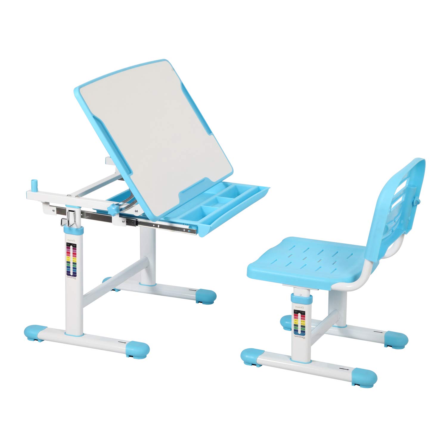 Diroan Kids Multifunctional Desk and Chair Set, Height Adjustable Children School Study Desk with Tilt Desktop, Metal Hook and Storage Drawer for Boys Girls (Blue)