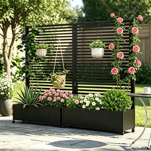Pflanzkasten aus Metall für den Außenbereich mit Spalier, Hochbeet aus Metall mit Rad, freistehender Sichtschutz-Pflanzkasten für Blumen, Gemüse im Ga