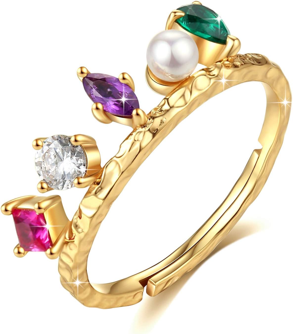 925 Sterling Silver Ring for Women 18K Yellow Gold Plated 5A Cubic Zirconia & Natural Pearl & Red Corundum for Lady Girls Wedding -Size Adjustable with Gift Box
