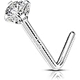OUFER 925 Sterling Silver Nose Stud, Bone L Screw Shaped Nose Rings, 20G Nostril Solid 2mm Round CZ Nose Piercing Jewelry for Women Men