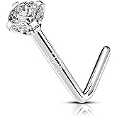 OUFER 925 Sterling Silver Nose Studs, Bone L Screw Shaped Nose Rings, 20G Nostril Solid 2mm Round CZ Nose Piercing Jewelry for Women Men-L Shaped