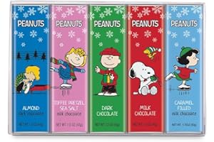 ASTOR Peanuts Christmas Chocolate Winter Variety Gift Pack, Snoopy Gourmet Bar Snack Set, Charlie Brown Gifts for Kids, 1.5oz 5-Bar Rich Belgian Chocolate Holiday Box Set, Kosher Candy,