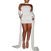 Women Sexy Strapless Tube Top Mesh Layered Mini Dress Bodycon Ruched Side Ribbons Bandage Dress Birthday Dresses