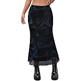Avanova Women Boho Floral Mesh Long Skirts Elastic High Waisted Mermaid Hem 90s Grunge Maxi Skirt Blue Black Small