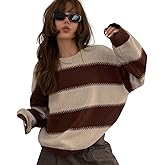 SKAYS Women's Retro Contrast Striped Sweater Loose Round Neck Long Sleeve Knitted Pullover