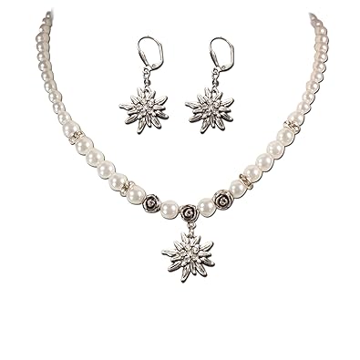 Heimatflüstern Trachtenschmuck * Trachtenset Perlenkette & Edelweiß-Ohrhänger * Damen Dirndlkette & Trachten-Ohrringe * Trach