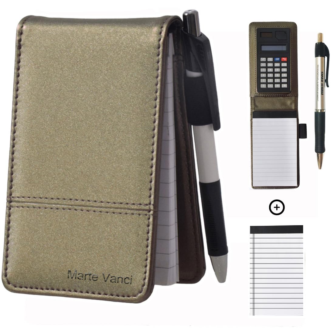 Marte Vanci Mini Pocket Notebook, A7 Notepad Holder with Pen Calculator 2 Pack 40 Sheets Refills Small Leather Cover Notebook Memo Pad for Shopping Lists Quick Notes Business Trader Writing Journal